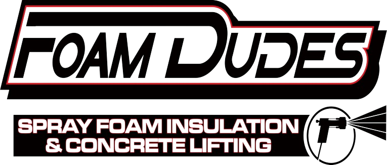 Image of the Foam Dudes Spray Foam Insulation & Concrete Lifting logo. The writing is in black with a red outline, and a transparent background